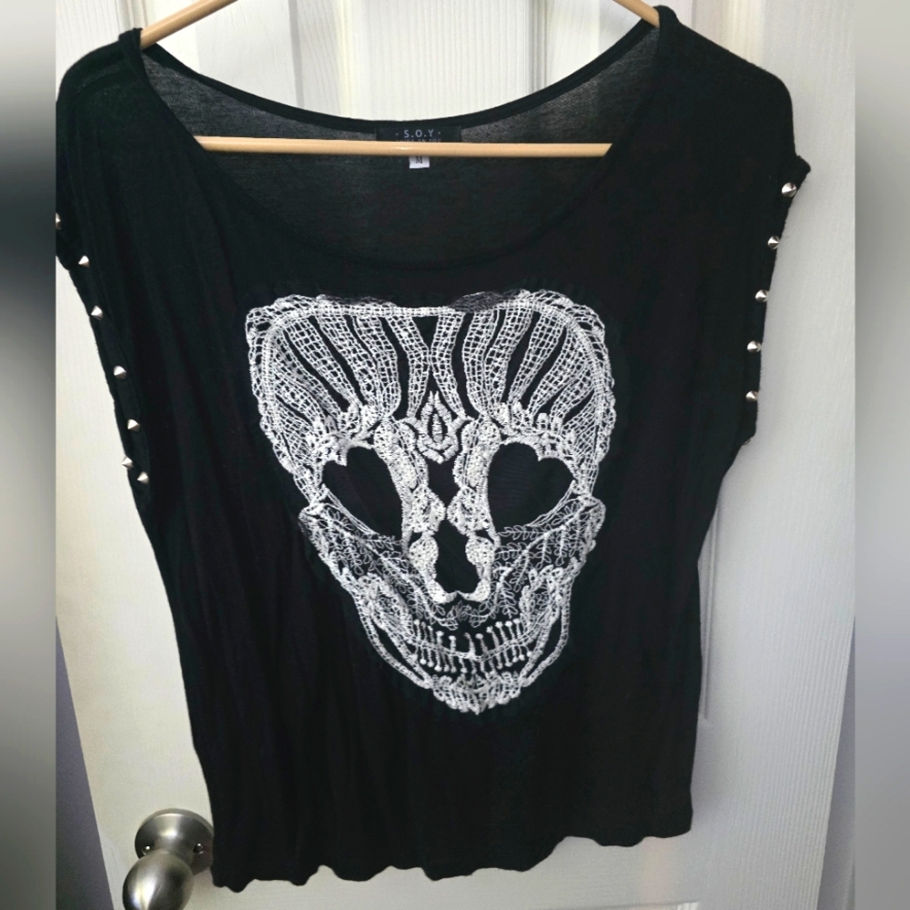 SOY Black Skull Short Sleeve Tshirt with Metal Stud Detailing on Sleeves